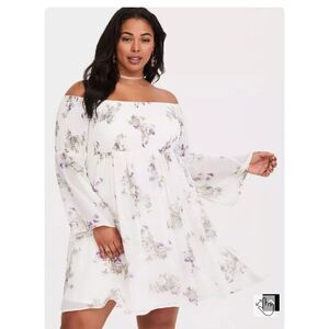 Torrid Vintage floral gauze mini midi skater long sleeve smocked Boho Dress 3xl